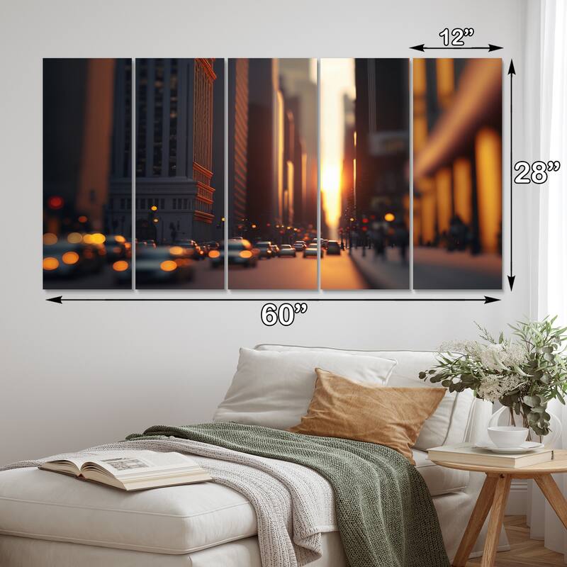 Designart "Maquette Sunset Through Manhattan Skyscrapers III" City New